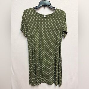 Old Navy Olive Green Short Sleeve Swing Dress with White Floral Print
